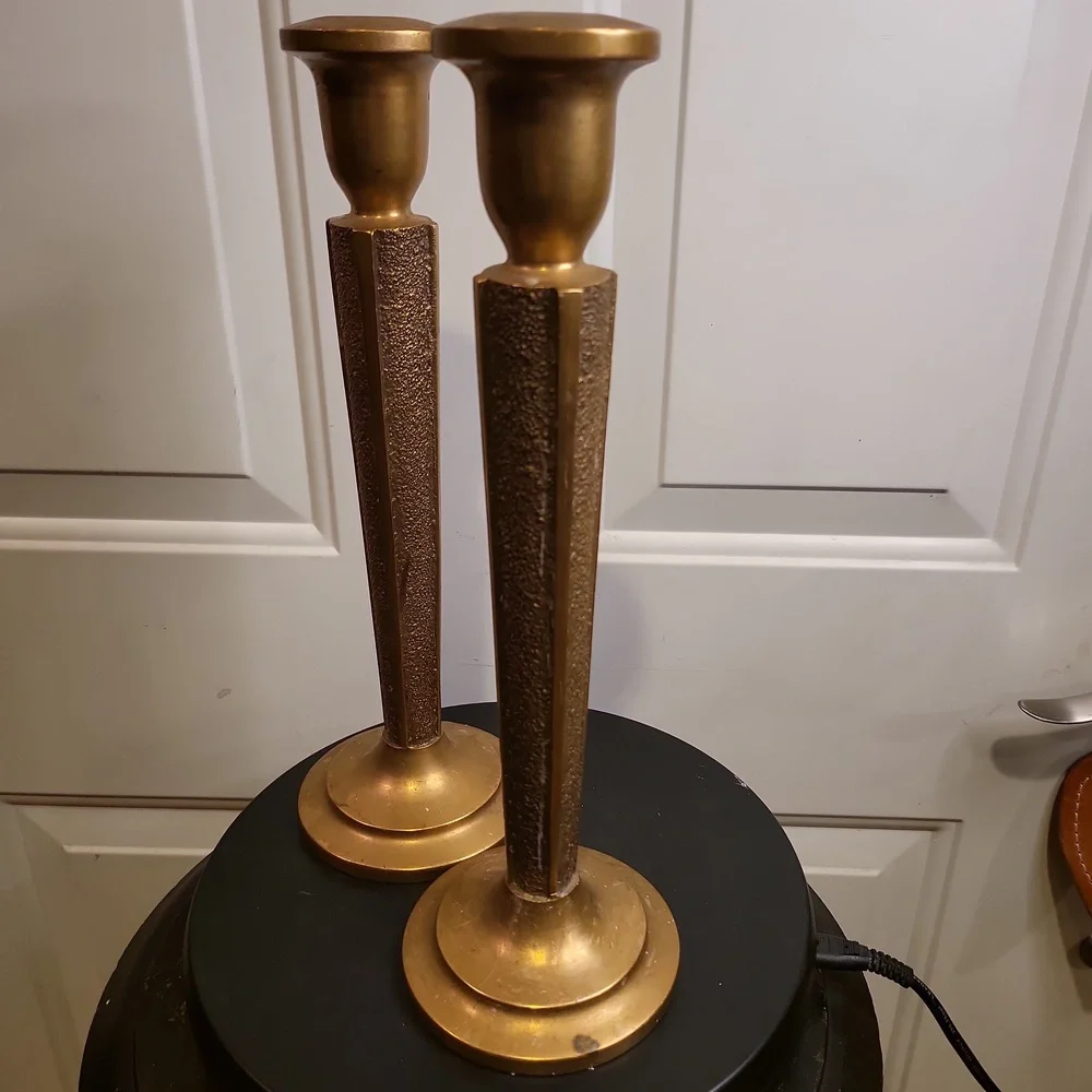 Antique Pair of Bronze Cast Embossed Candle Holder Candle Sticks 12" - Picture 7 of 11